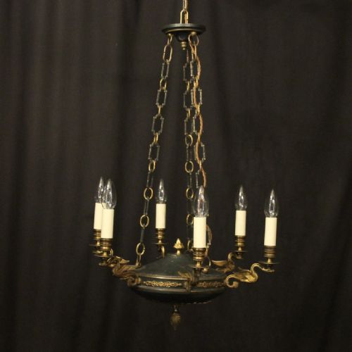 french gilded brass empire 6 light antique chandelier - CATEGORY: ANTIQUE LIGHTING - DATED 1910