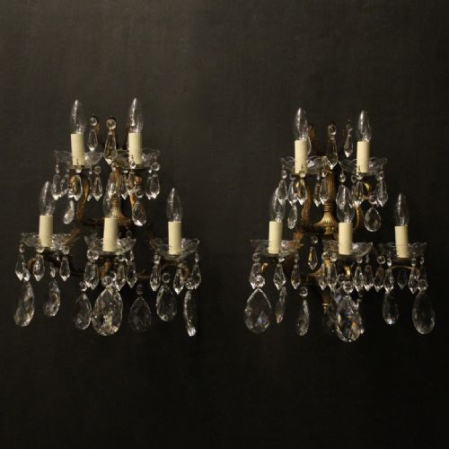 french pair of bronze crystal 5 arm antique wall lights - CATEGORY: ANTIQUE LIGHTING - DATED 1920