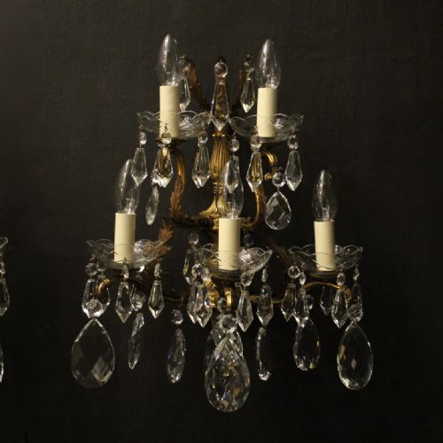 FRENCH PAIR OF BRONZE CRYSTAL 5 ARM ANTIQUE WALL LIGHTS - ADDITIONAL PHOTO 1