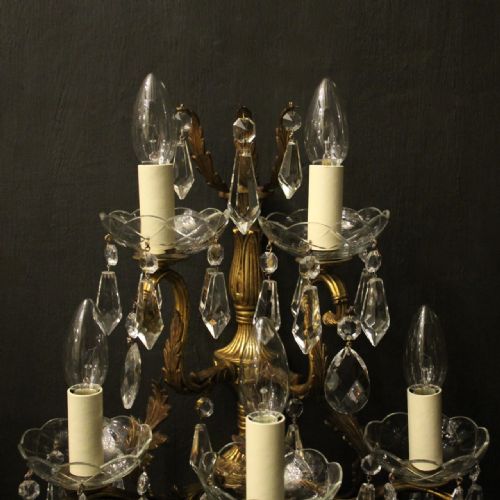 FRENCH PAIR OF BRONZE CRYSTAL 5 ARM ANTIQUE WALL LIGHTS - ADDITIONAL PHOTO 3