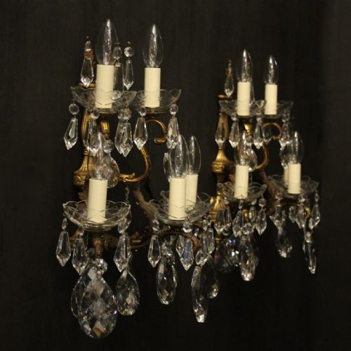 FRENCH PAIR OF BRONZE CRYSTAL 5 ARM ANTIQUE WALL LIGHTS - ADDITIONAL PHOTO 9