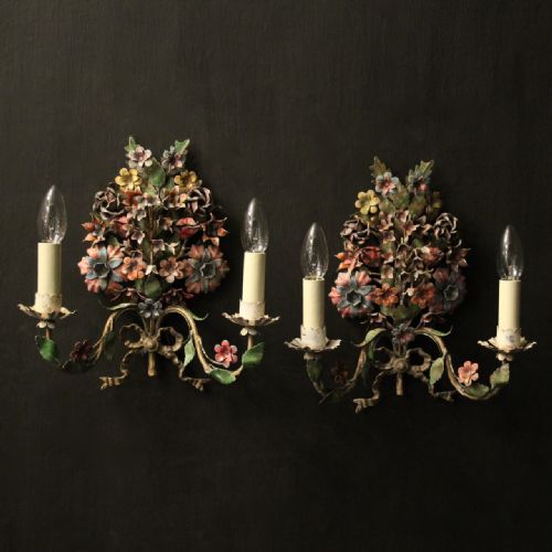 french pair of toleware floral wall lights - CATEGORY: ANTIQUE LIGHTING - DATED 1930