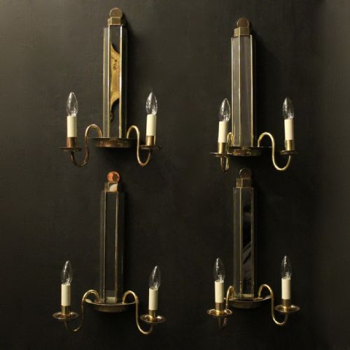 english set of 4 art deco brass twin arm antique wall lights - CATEGORY: ANTIQUE LIGHTING - DATED 1930
