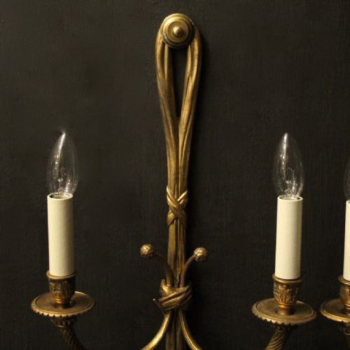 FRENCH PAIR OF GILDED BRONZE ROPE ANTIQUE WALL LIGHTS - ADDITIONAL PHOTO 1
