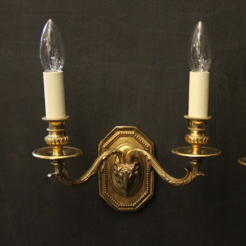 FRENCH PAIR OF GILDED BRONZE RAM HEADED WALL LIGHTS - ADDITIONAL PHOTO 1