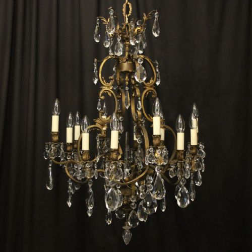 french gilded bronze crystal 12 light antique chandelier - CATEGORY: ANTIQUE LIGHTING - DATED 1910