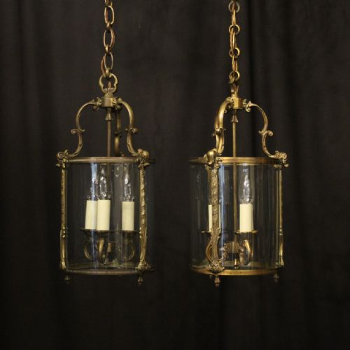french pair of gilded triple light convex antique lanterns - CATEGORY: ANTIQUE LIGHTING - DATED 1920