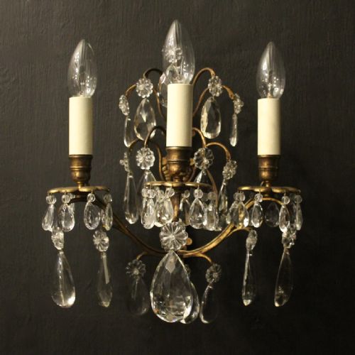 FRENCH PAIR OF GILDED TRIPLE ARM ANTIQUE WALL SCONCES - ADDITIONAL PHOTO 1