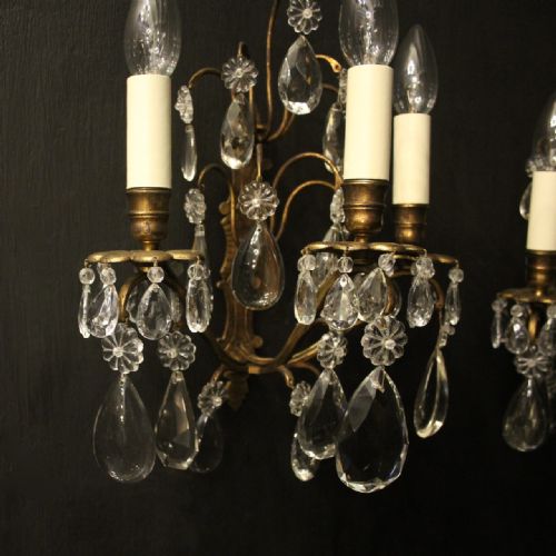 FRENCH PAIR OF GILDED TRIPLE ARM ANTIQUE WALL SCONCES - ADDITIONAL PHOTO 4