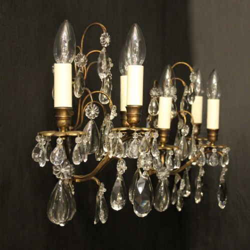 FRENCH PAIR OF GILDED TRIPLE ARM ANTIQUE WALL SCONCES - ADDITIONAL PHOTO 9