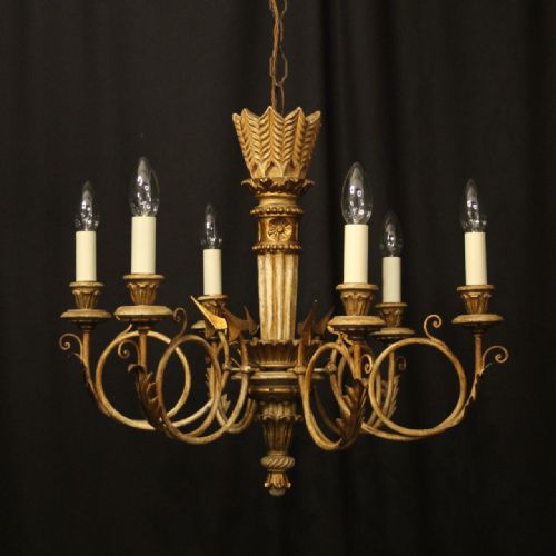 french giltwood polychrome 6 light chandelier - CATEGORY: ANTIQUE LIGHTING - DATED 1930