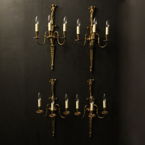 french set of 4 large gilded brass triple arm wall lights - CATEGORY: ANTIQUE LIGHTING - DATED 1930