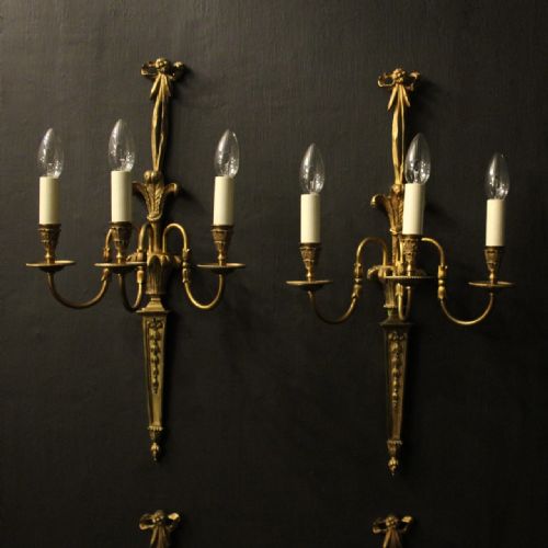 FRENCH SET OF 4 LARGE GILDED BRASS TRIPLE ARM WALL LIGHTS - ADDITIONAL PHOTO 1