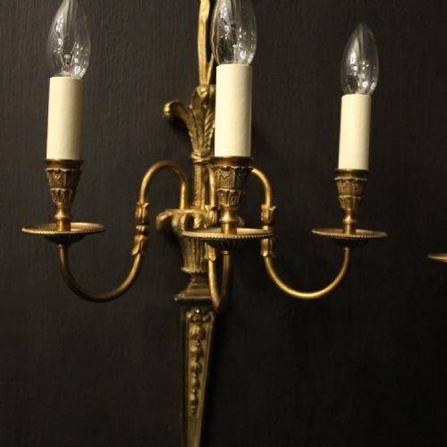 FRENCH SET OF 4 LARGE GILDED BRASS TRIPLE ARM WALL LIGHTS - ADDITIONAL PHOTO 2