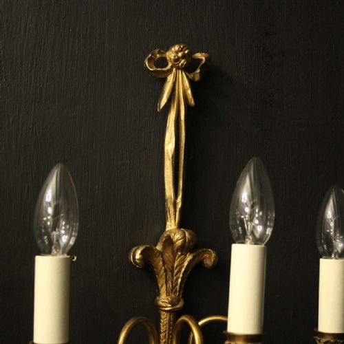 FRENCH SET OF 4 LARGE GILDED BRASS TRIPLE ARM WALL LIGHTS - ADDITIONAL PHOTO 4