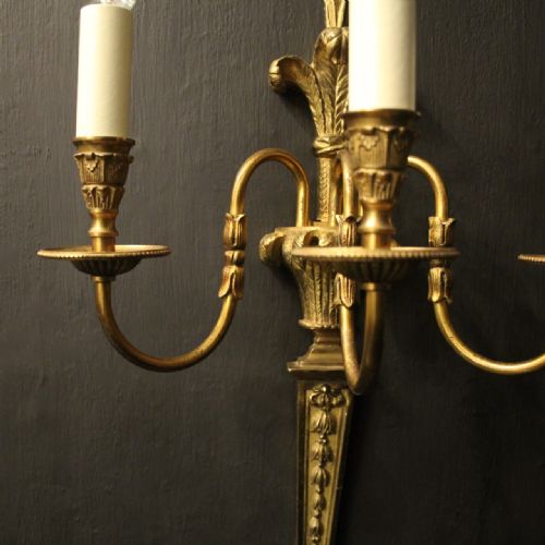FRENCH SET OF 4 LARGE GILDED BRASS TRIPLE ARM WALL LIGHTS - ADDITIONAL PHOTO 5