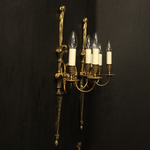 FRENCH SET OF 4 LARGE GILDED BRASS TRIPLE ARM WALL LIGHTS - ADDITIONAL PHOTO 9