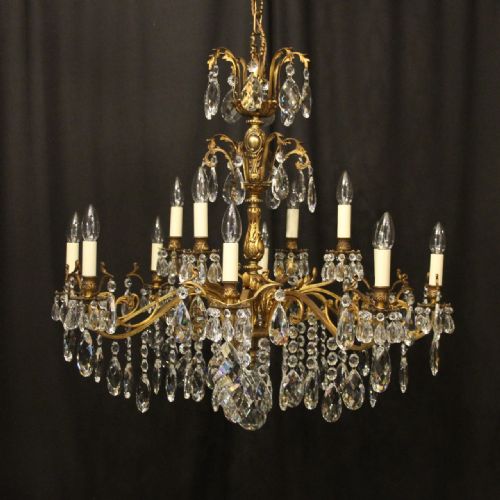 italian gilded bronze crystal 12 light antique chandelier - CATEGORY: ANTIQUE LIGHTING - DATED 1910