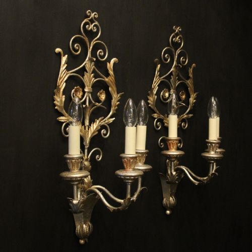 FLORENTINE PAIR OF SILVER GILDED WALL LIGHTS - ADDITIONAL PHOTO 9