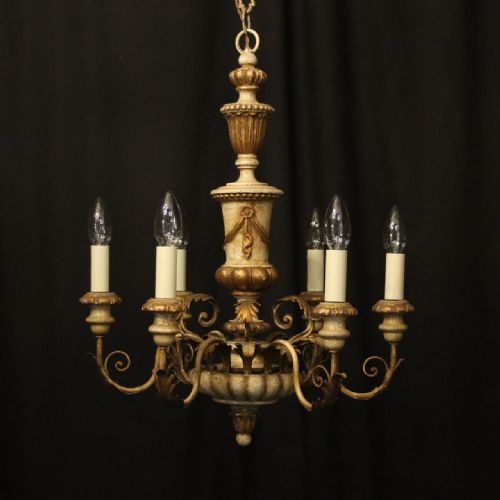italian giltwood polychrome 6 light chandelier - CATEGORY: ANTIQUE LIGHTING - DATED 1920