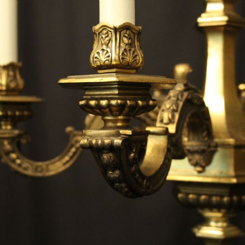 FRENCH GILDED BRONZE 6 LIGHT ANTIQUE CHANDELIER - ADDITIONAL PHOTO 5