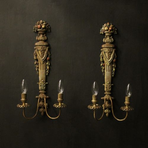 french polychrome toleware twin arm antique wall lights - CATEGORY: ANTIQUE LIGHTING - DATED 1930