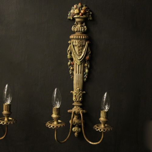 FRENCH POLYCHROME TOLEWARE TWIN ARM ANTIQUE WALL LIGHTS - ADDITIONAL PHOTO 1
