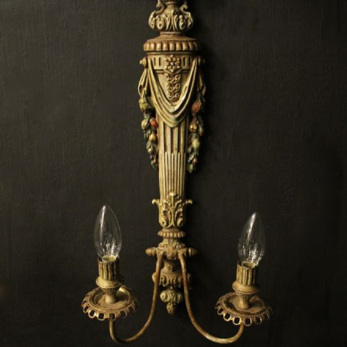 FRENCH POLYCHROME TOLEWARE TWIN ARM ANTIQUE WALL LIGHTS - ADDITIONAL PHOTO 3