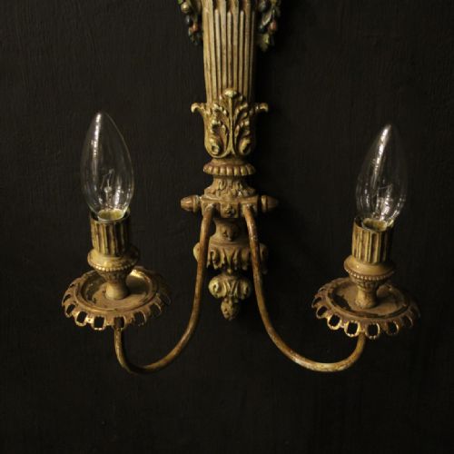 FRENCH POLYCHROME TOLEWARE TWIN ARM ANTIQUE WALL LIGHTS - ADDITIONAL PHOTO 4