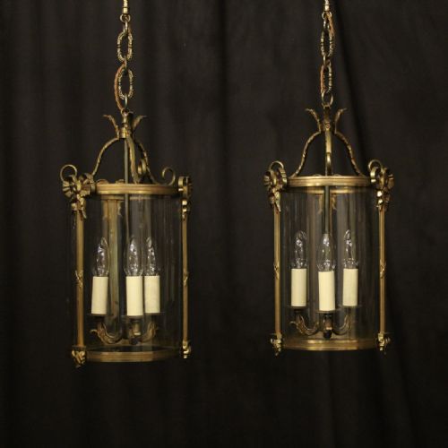 french pair of triple light convex antique lanterns - CATEGORY: ANTIQUE LIGHTING - DATED 1920