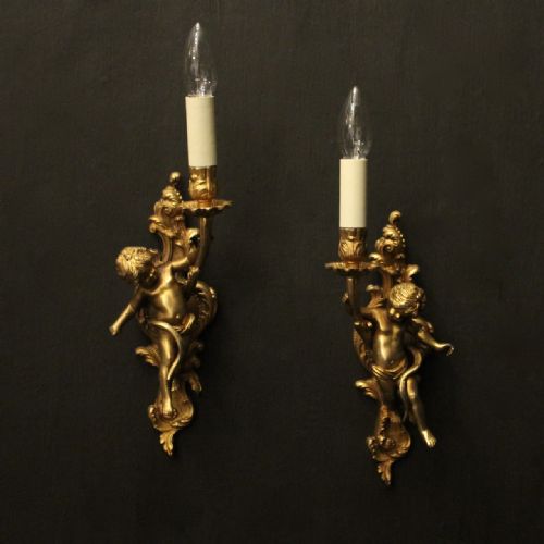 french bronze cherub gilded antique wall lights - CATEGORY: ANTIQUE LIGHTING - DATED 1920