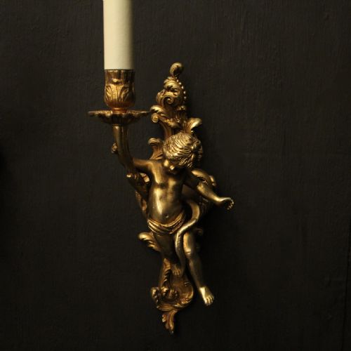 FRENCH BRONZE CHERUB GILDED ANTIQUE WALL LIGHTS - ADDITIONAL PHOTO 1