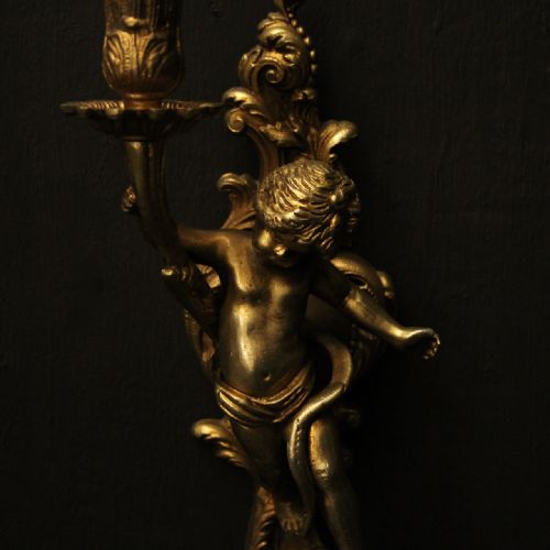 FRENCH BRONZE CHERUB GILDED ANTIQUE WALL LIGHTS - ADDITIONAL PHOTO 2