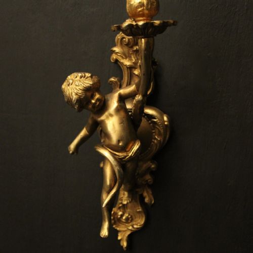 FRENCH BRONZE CHERUB GILDED ANTIQUE WALL LIGHTS - ADDITIONAL PHOTO 3