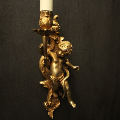 FRENCH BRONZE CHERUB GILDED ANTIQUE WALL LIGHTS - ADDITIONAL PHOTO 4
