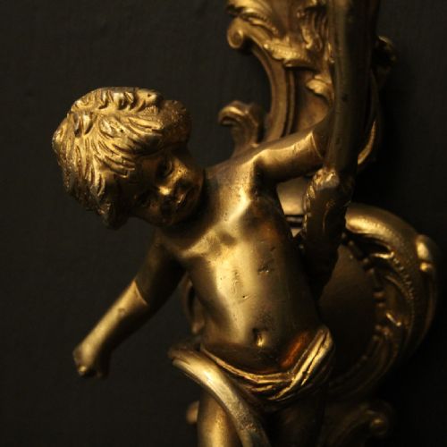 FRENCH BRONZE CHERUB GILDED ANTIQUE WALL LIGHTS - ADDITIONAL PHOTO 5