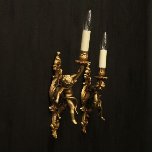 FRENCH BRONZE CHERUB GILDED ANTIQUE WALL LIGHTS - ADDITIONAL PHOTO 9