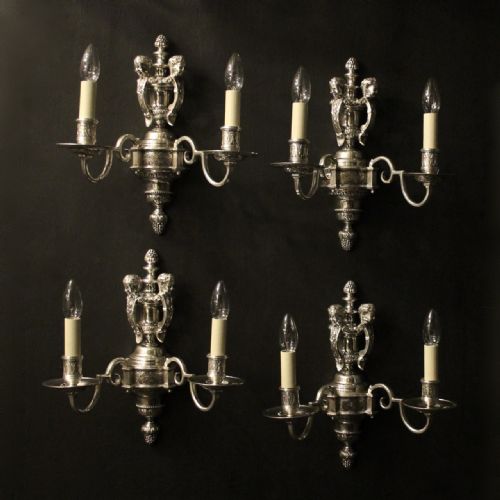 french set of 4 cherub silver antique wall lights - CATEGORY: ANTIQUE LIGHTING - DATED 1920
