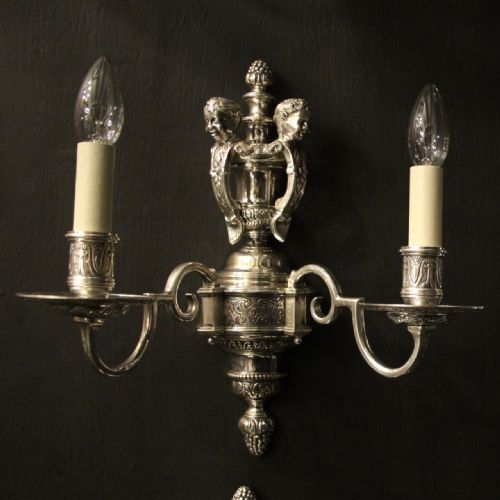 FRENCH SET OF 4 CHERUB SILVER ANTIQUE WALL LIGHTS - ADDITIONAL PHOTO 1