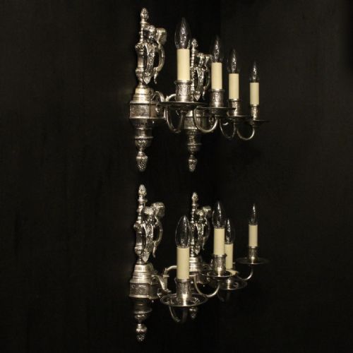 FRENCH SET OF 4 CHERUB SILVER ANTIQUE WALL LIGHTS - ADDITIONAL PHOTO 9