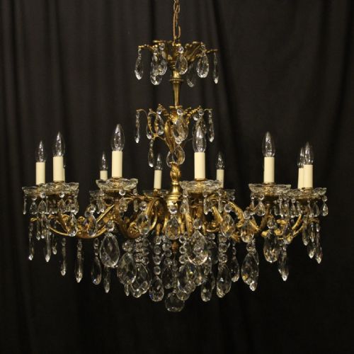 italian 12 light gilded bronze crystal antique chandelier - CATEGORY: ANTIQUE LIGHTING - DATED 1920