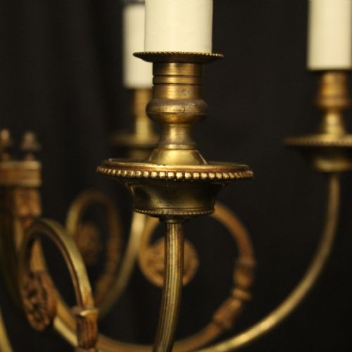 FRENCH GILDED BRASS 6 LIGHT ANTIQUE CHANDELIER - ADDITIONAL PHOTO 6