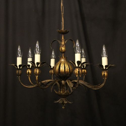 french gilded toleware 8 light antique chandelier - CATEGORY: ANTIQUE LIGHTING - DATED 1920