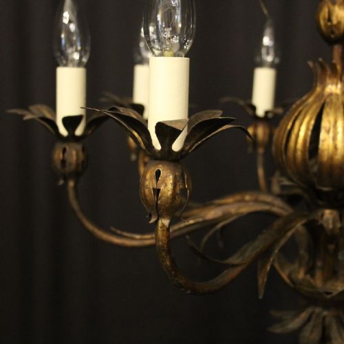FRENCH GILDED TOLEWARE 8 LIGHT ANTIQUE CHANDELIER - ADDITIONAL PHOTO 5