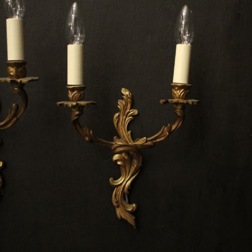 FRENCH PAIR OF GILDED TWIN ARM ANTIQUE WALL LIGHTS - ADDITIONAL PHOTO 1