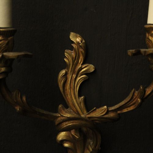 FRENCH PAIR OF GILDED TWIN ARM ANTIQUE WALL LIGHTS - ADDITIONAL PHOTO 2