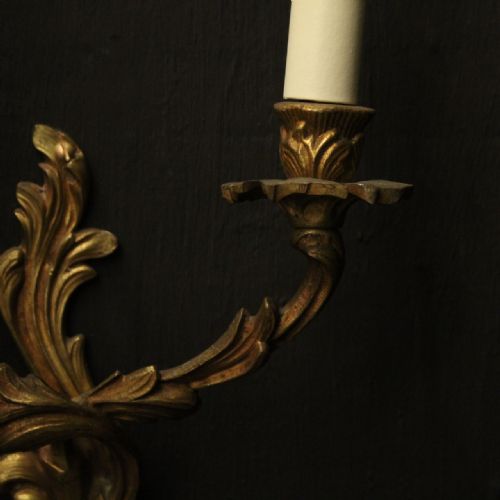 FRENCH PAIR OF GILDED TWIN ARM ANTIQUE WALL LIGHTS - ADDITIONAL PHOTO 4
