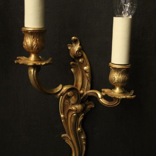 FRENCH PAIR OF GILDED TWIN ARM ANTIQUE WALL LIGHTS - ADDITIONAL PHOTO 2