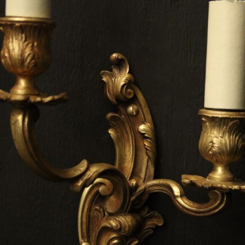 FRENCH PAIR OF GILDED TWIN ARM ANTIQUE WALL LIGHTS - ADDITIONAL PHOTO 4