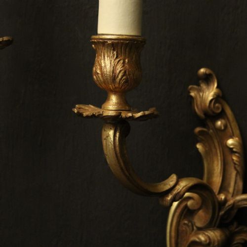 FRENCH PAIR OF GILDED TWIN ARM ANTIQUE WALL LIGHTS - ADDITIONAL PHOTO 5